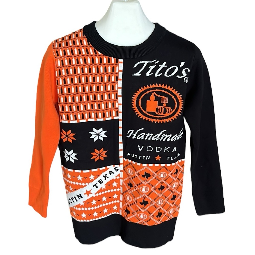 Tito's Handmade Vodka XSmall Orange Black Ugly Christmas Sweater Austin Texas
